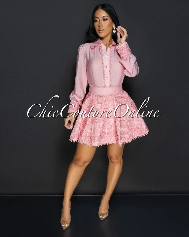 bachir-pink-buttoned-blouse-flared-crochet-skirt-set