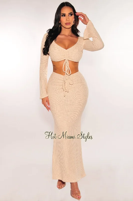 Cream Knit Drawstring Bell Sleeve Maxi Skirt Two Piece Set