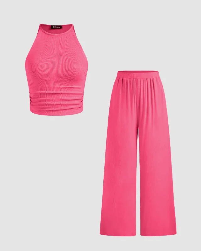 Crop Tank Top & Wide Leg Pants Pink Set