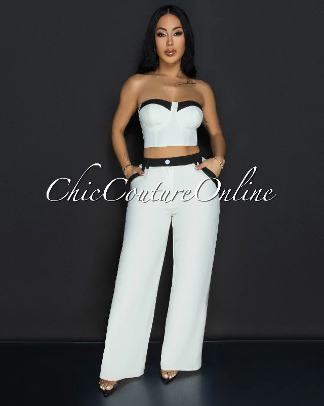 Franca Cream Black Bustier & Wide Legs Pants Set