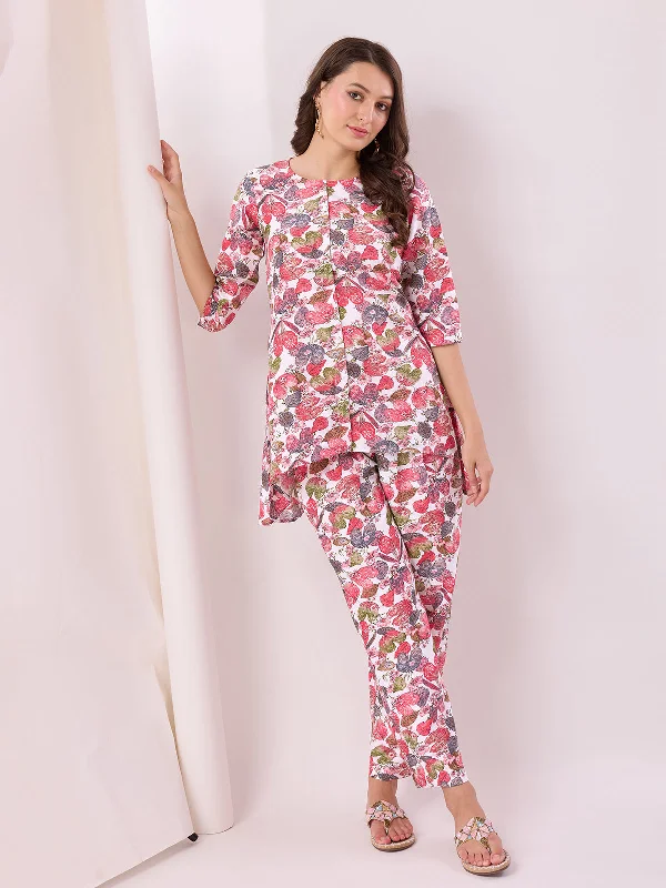 Odette White Cotton Printed Co-ord set For Women