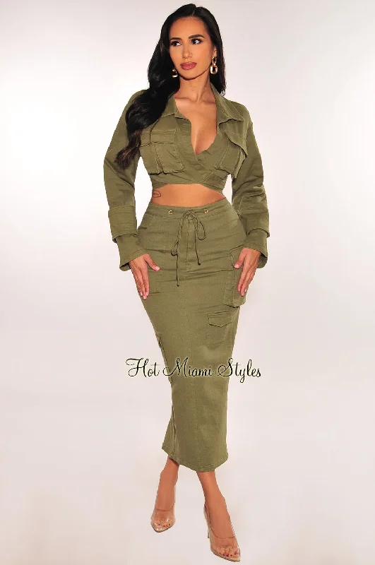 Olive Long Sleeves Collared Cargo Vent Slit Skirt Two Piece Set