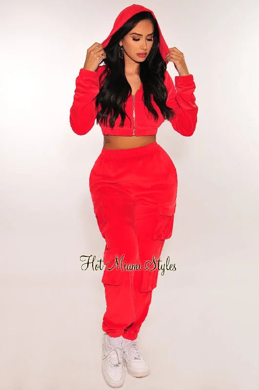 red-velour-long-sleeve-zip-up-hooded-cargo-joggers-two-piece-set