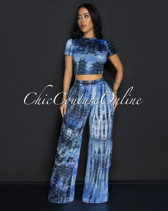 Rossy Blue Tie-Dye Crop Top & Wide Leg Pants Set