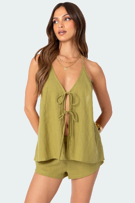 Arden Linen Look Tie Front Top