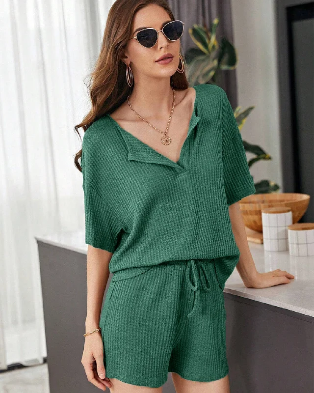 Solid Color Short Sleeve Shirt Tops And High Waist Loose Mini Shorts Two Piece Sets In Green