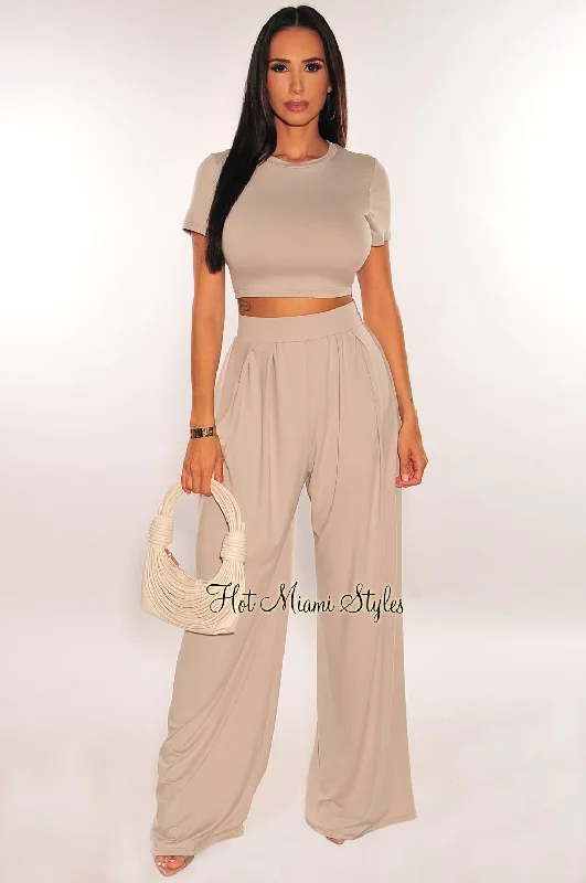 Taupe Short Sleeve Cropped High Waist Pleated Wide Leg Pants Two Piece Set