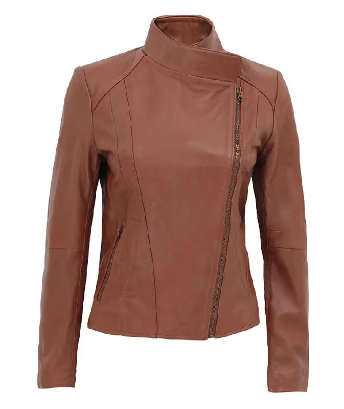 Women Tan Asymmetrical Biker Leather Jacket