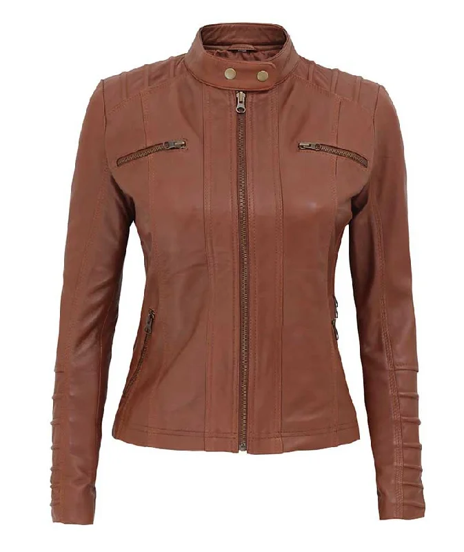 Aversa Women's Tan Quilted Biker Leather Jacket