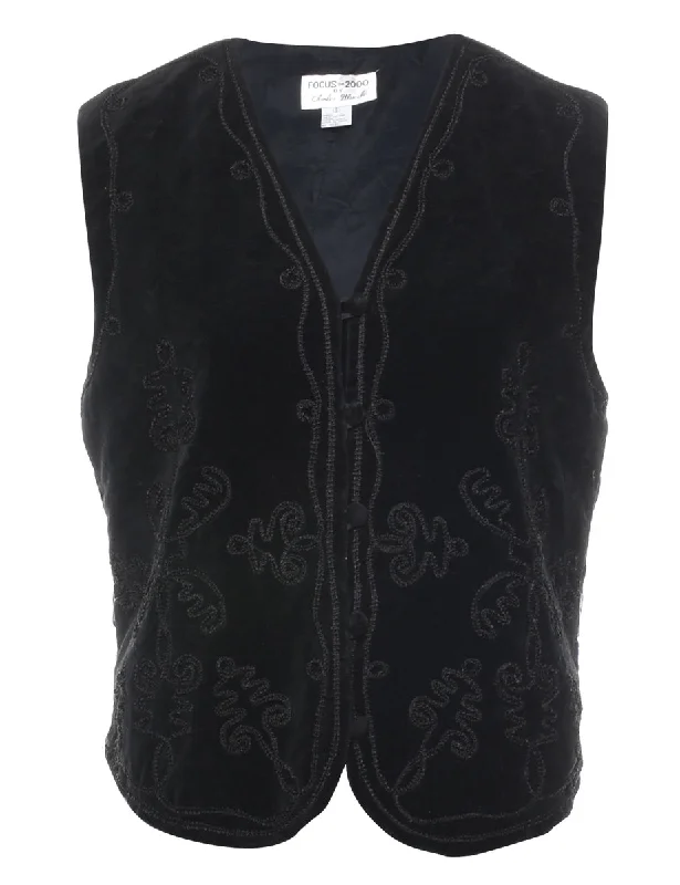 Black Velvet Embroidered Waistcoat - M