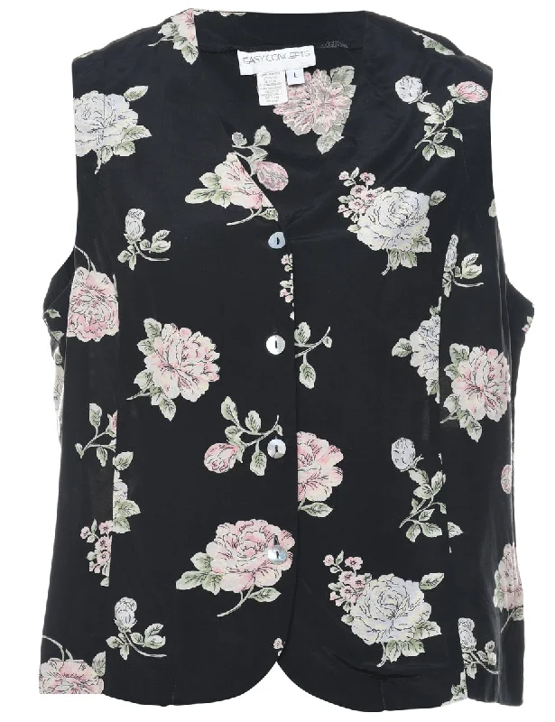 Floral Pattern Pale Pink & Black 1990s Waistcoat - L