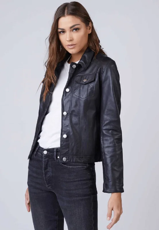 Women’s Black Leather Trucker Jacket