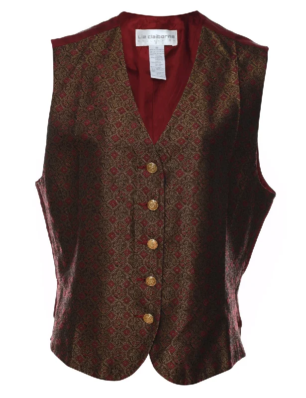 Liz Claiborne Floral Pattern Maroon & Olive Green Waistcoat - L