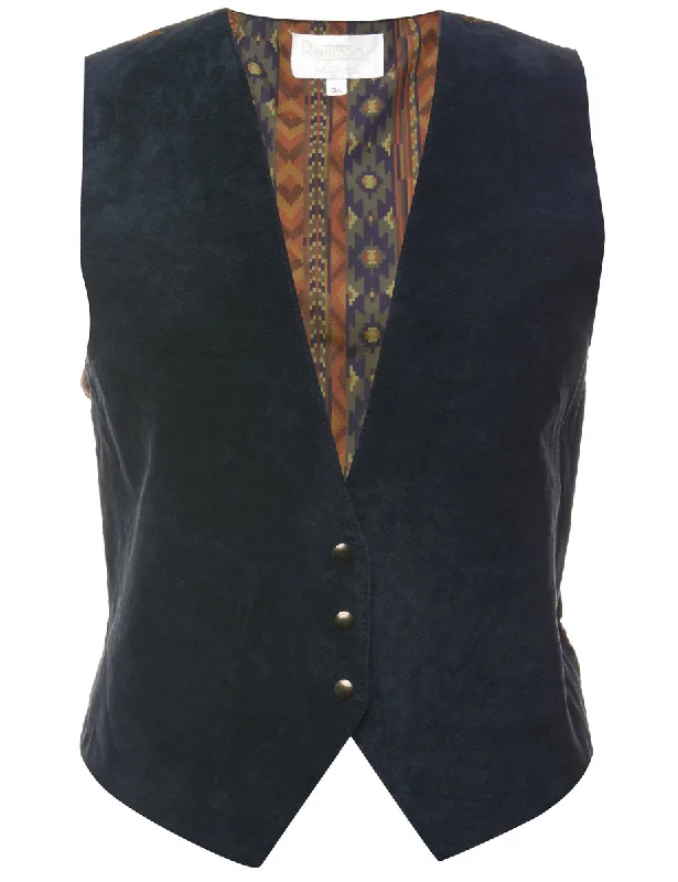 Popper Front Suede Navy Waistcoat  - M