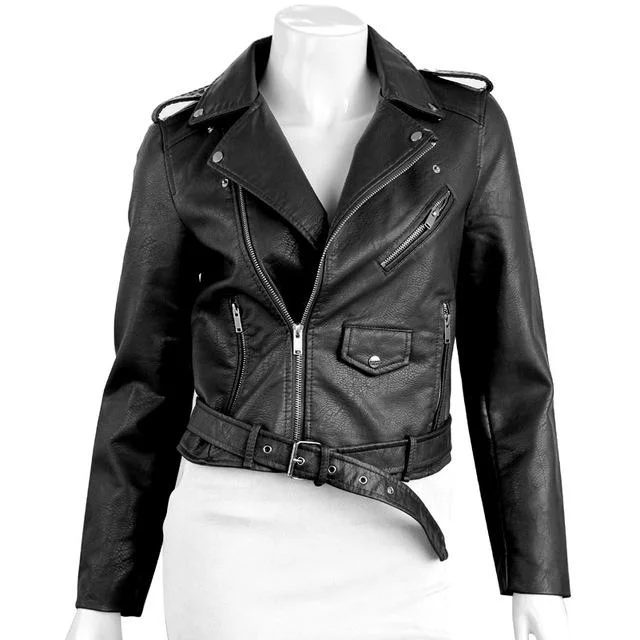 QIUXUAN Women PU Leather Jacket