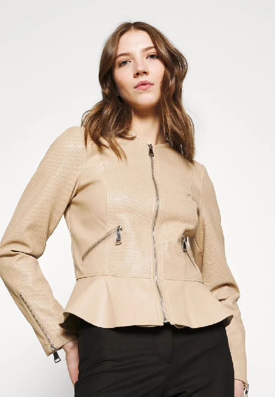 Women’s Beige Leather Crew Neck Jacket