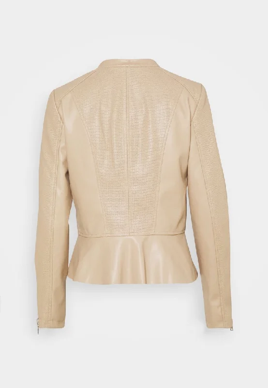 Women’s Beige Leather Crew Neck Jacket