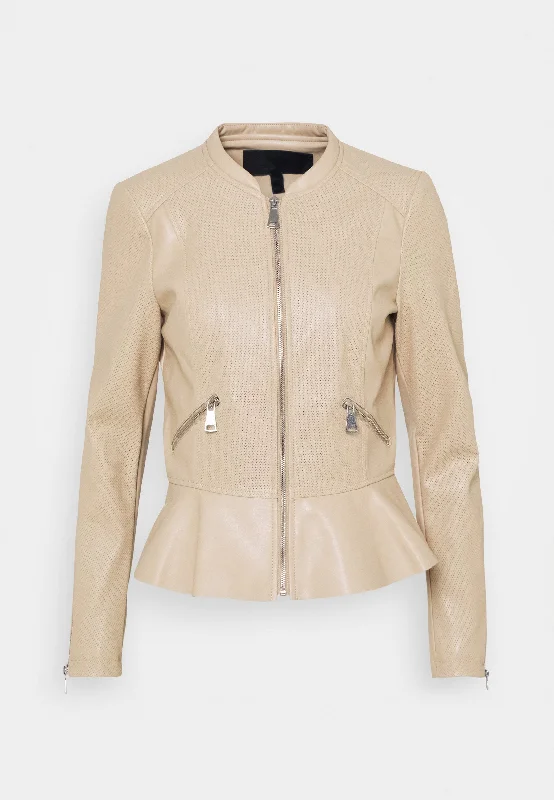 Women’s Beige Leather Crew Neck Jacket