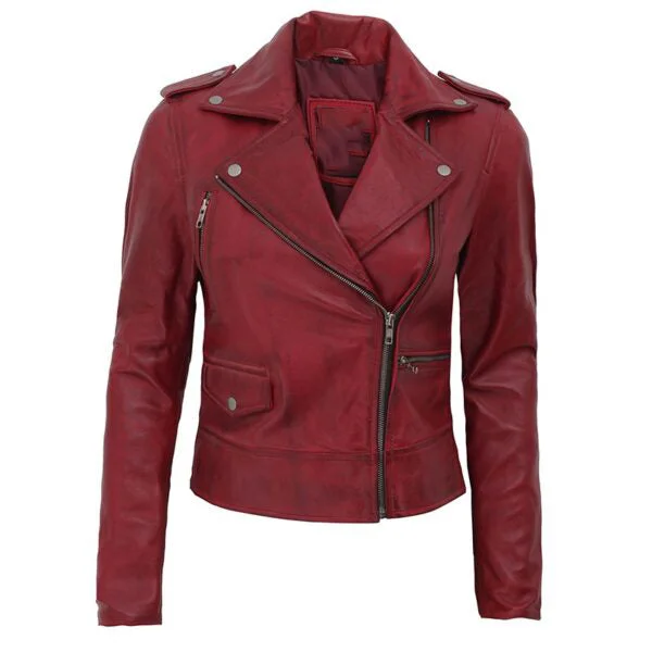 Women's Amber Maroon Leather Biker Jacket