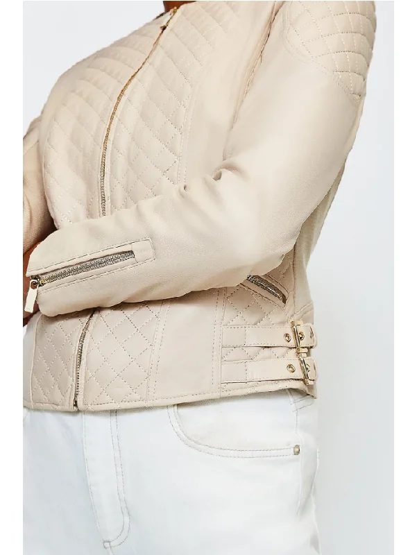 WOMEN’S BEIGE CREAM LEATHER BIKER JACKET