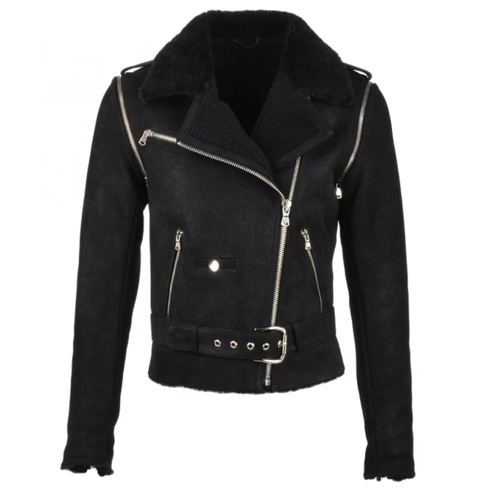 Women's Belted Biker Shearling Leather Jacket