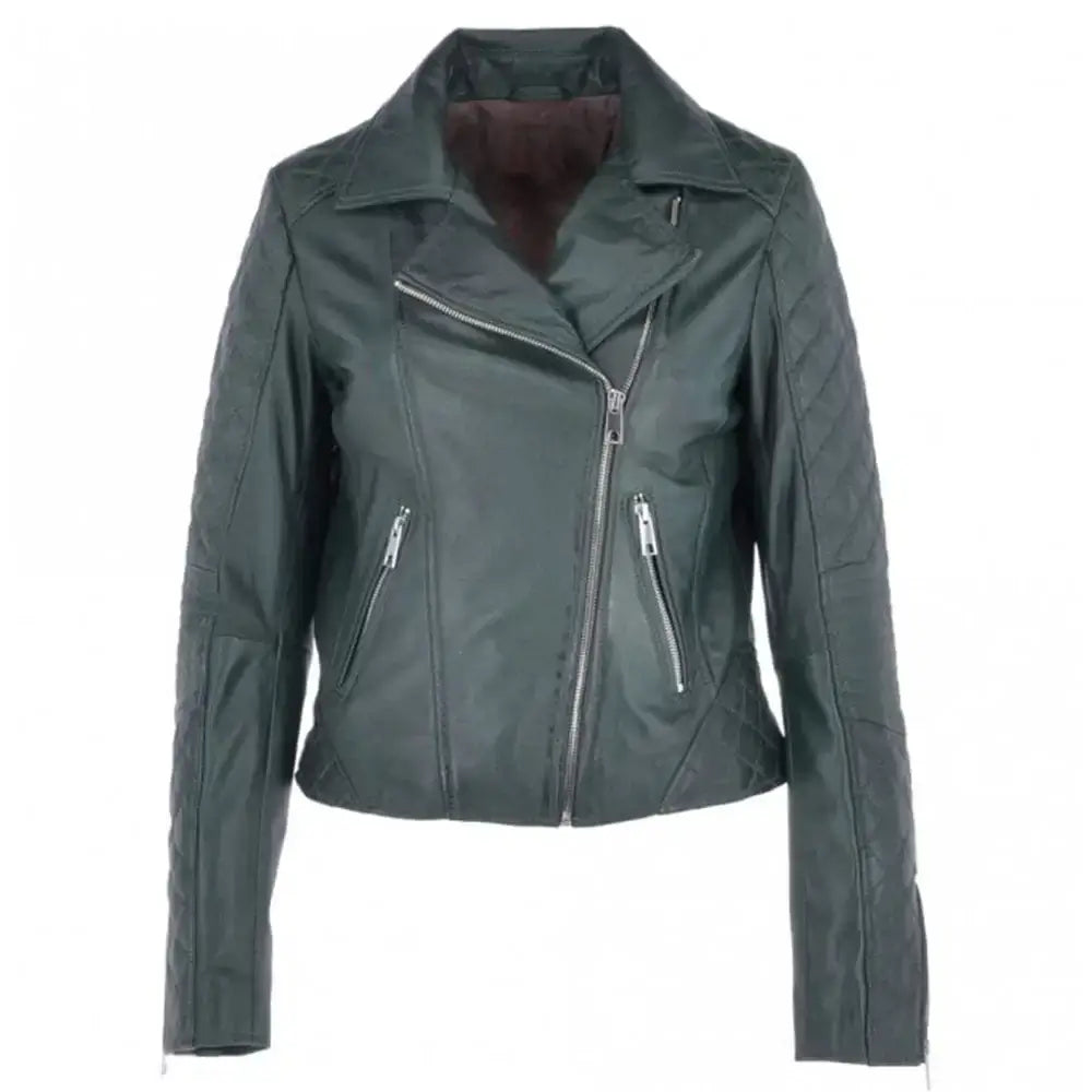 Women's Bottle Green Leather Biker Jacket