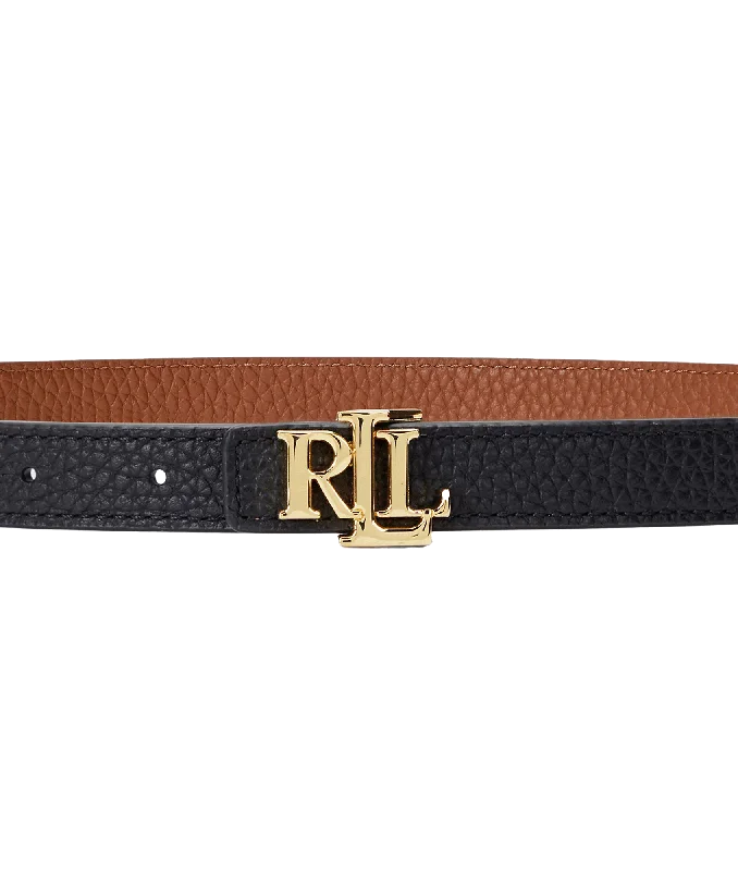 Logo Reversible Leather Skinny Belt - Black