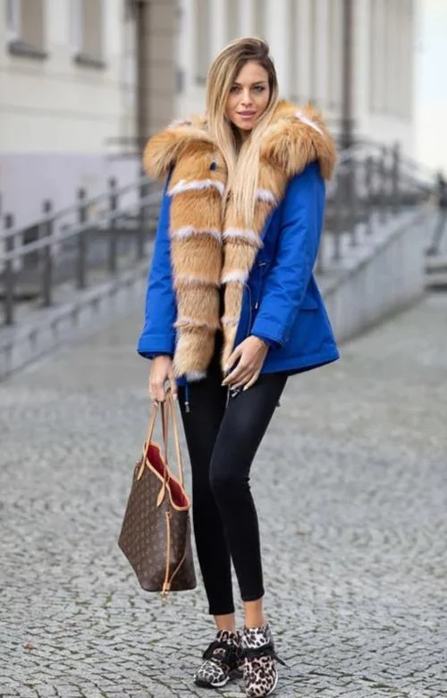 Blue Rabbit Fur Lining With Real Fox Fur Collar Parka Coats