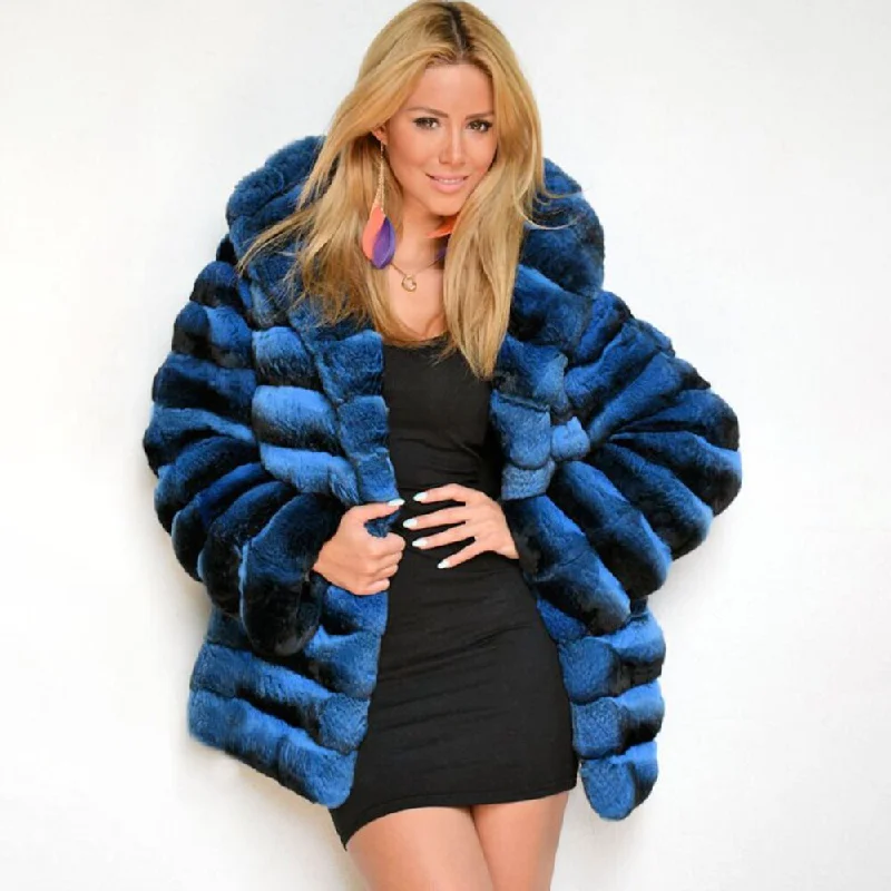 Blue Real Rabbit Fur Hooded Coats