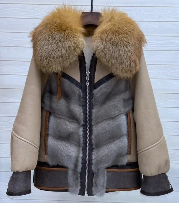 Genuine Leather Real Mink Shearling & Fox Fur Coat