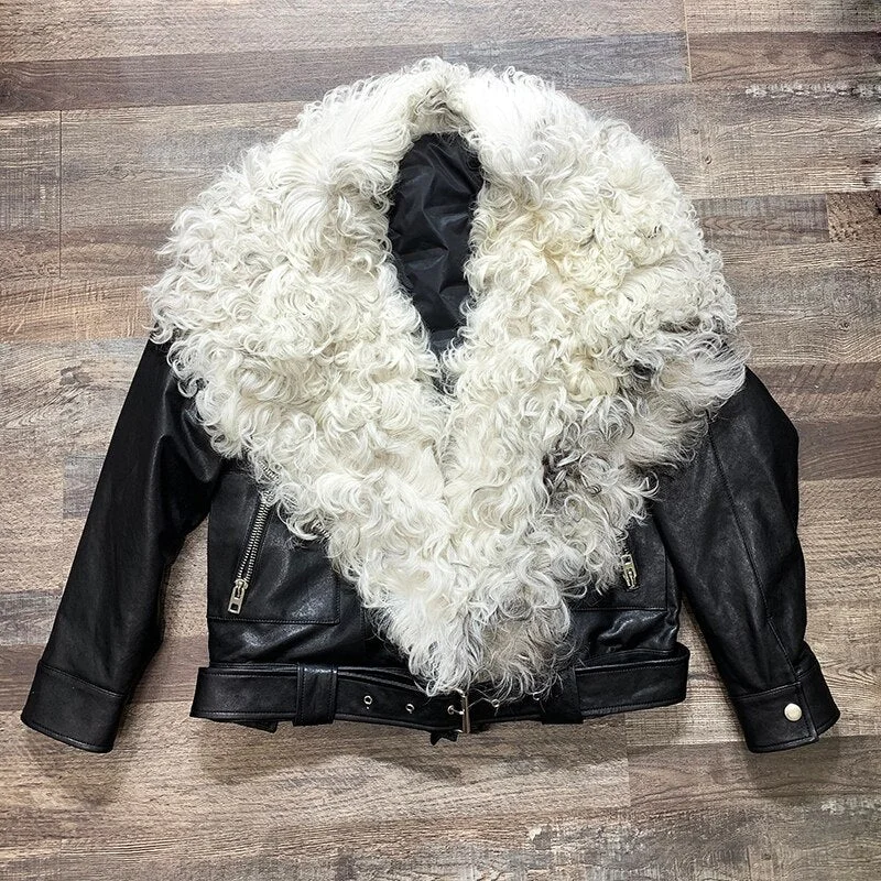 Genuine Leather Real Tigrado Sheep Fur Moto Jacket