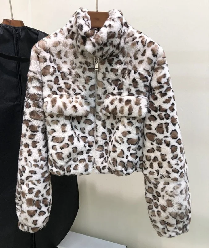 Leopard Pattern Real Rex Rabbit Fur Crop Coat