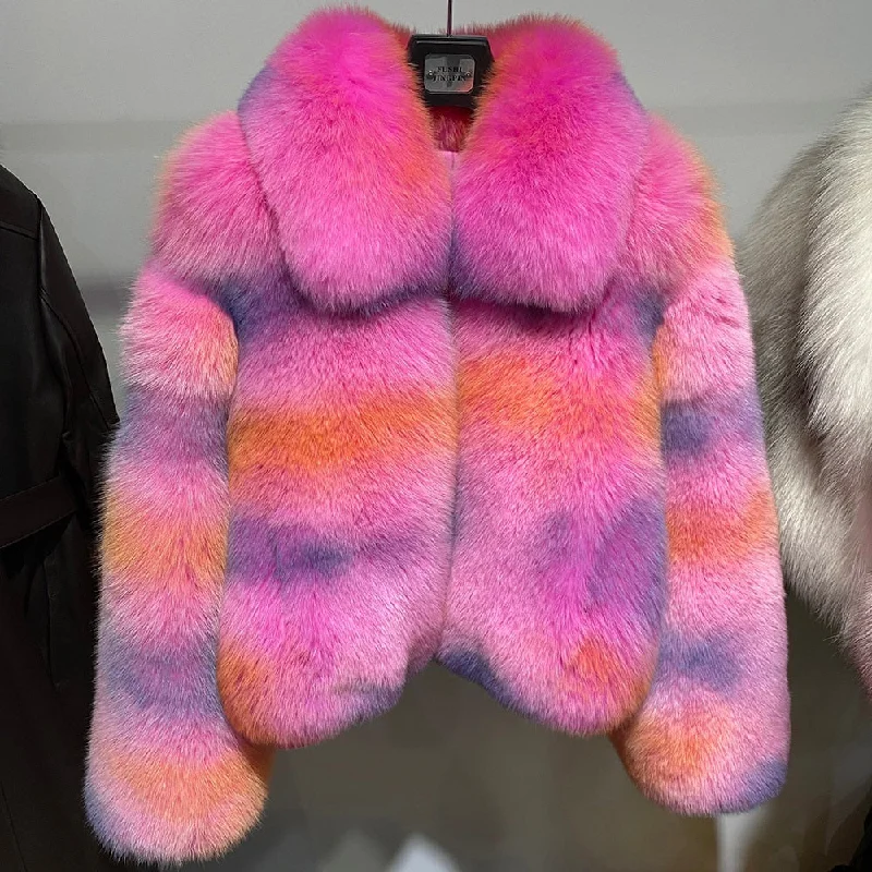 Pink Real Fox Fur Turn-Down Collar Bomber