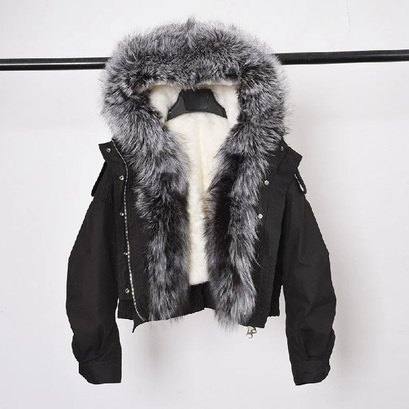 Real Fox Fur Hooded Bomber Crop Jackets