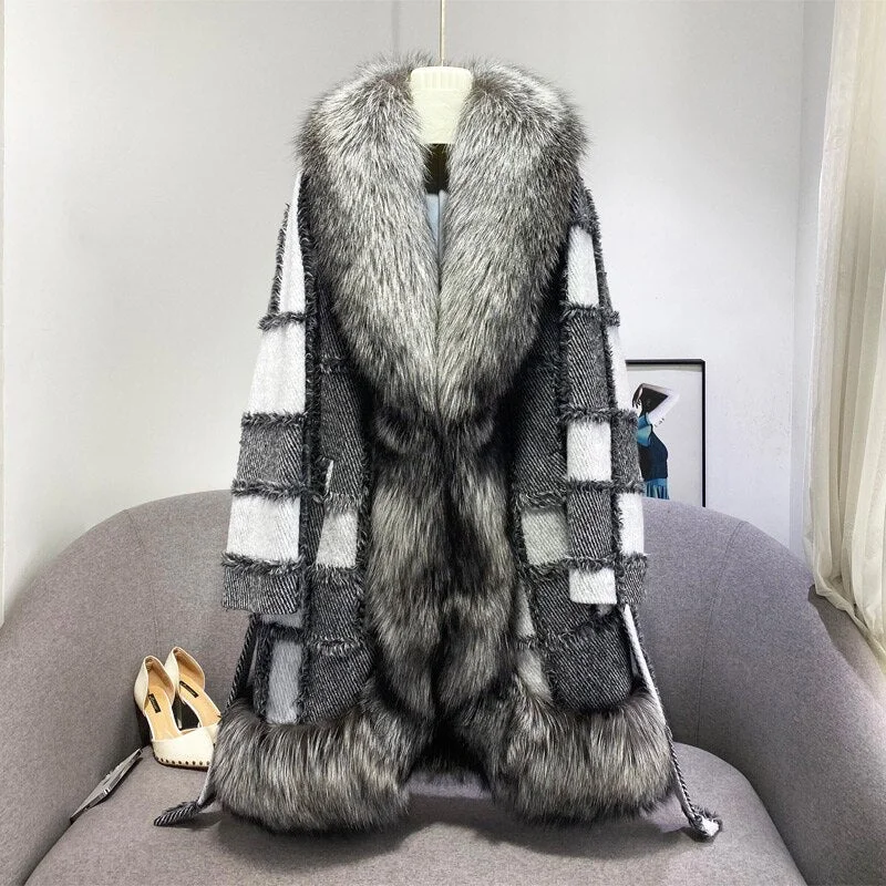 Real Fox Fur Wool Color Block Coats