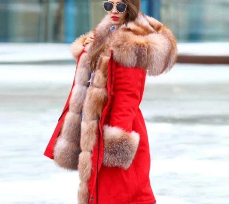 Red Real Natural Rex Fox Fur Collar Parka Coat