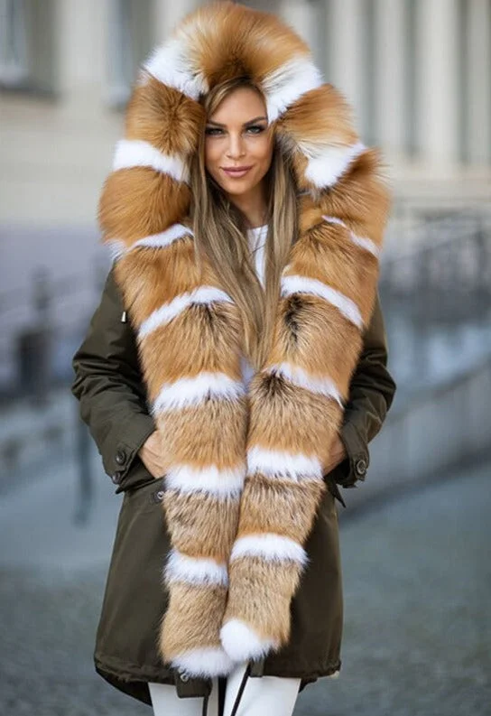 Real Red Fox Fur Parkas Long Waterproof Coat