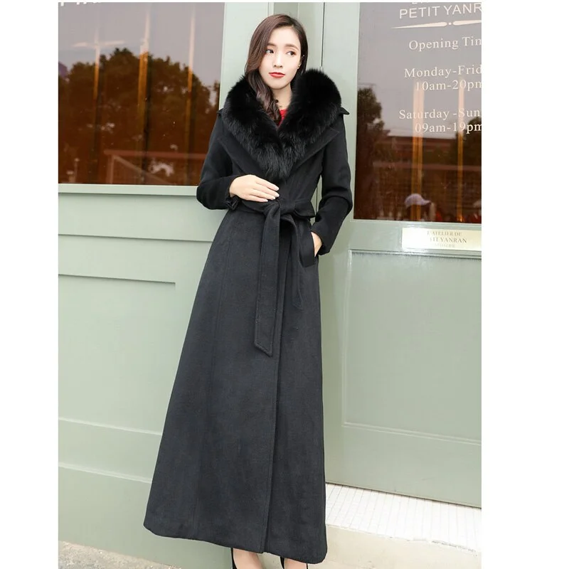 Wool With Real Fox Fur Collar Slim X-Long Coats