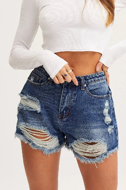 Blue Relaxed Denim Shorts High Rise