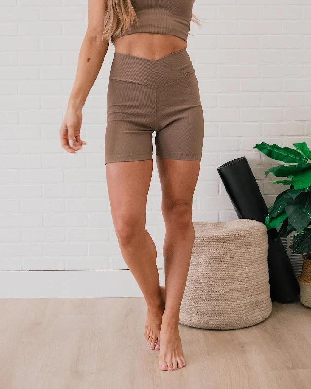 Rae Mode Ribbed V-Waist Biker Shorts - Dark Mocha