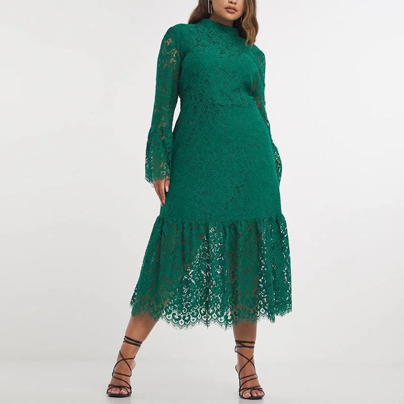 NiDELL 100.00kg Plump Girls plus Size Women's Cross-Border European and American Amazon Wish AliExpress EBay Lace Long Sleeve Dress