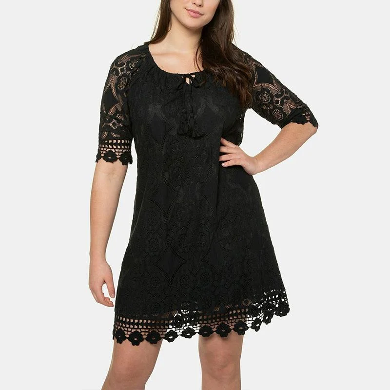 NiDELL . Amazon European and American Spring and Summer New Plump Girls Lace Large Size Women's Clothing Temperament Elegant Loose Slimming Dress