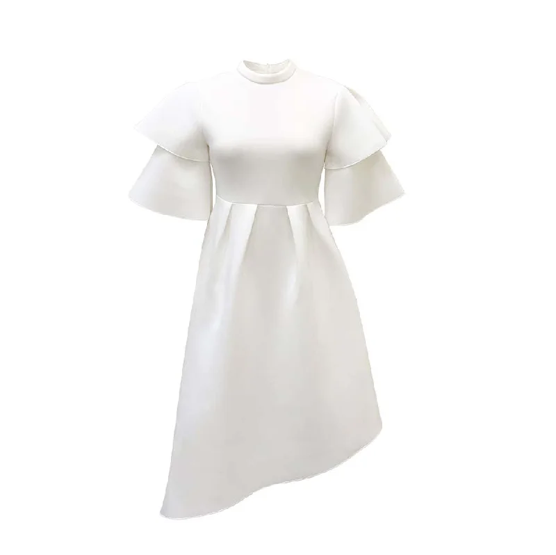 NiDELL D230 Cross-Border Women's Clothing . Summer New Double-Layer Ruffle Sleeve Solid Color Wide Hem European and American Style Dress Foreign Trade Dress