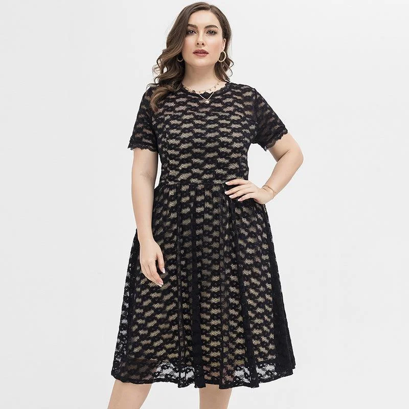 NiDELL Foreign Trade Europe and America Cross Border plus Size Dress Elegant Sexy Slim Fit Plump Girls Short Sleeve Lace Dress Fx200046