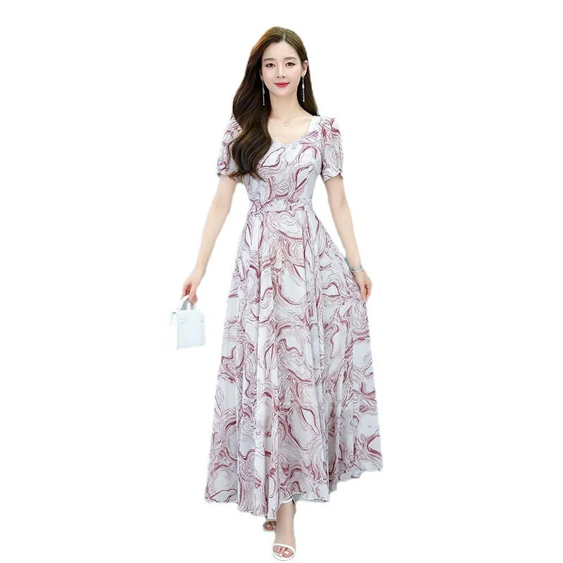 NiDELL Ice Silk Dress Women's Summer Sanya Seaside Vacation Fat High-End Temperament Floral Elegant Beach Dress Long Dress