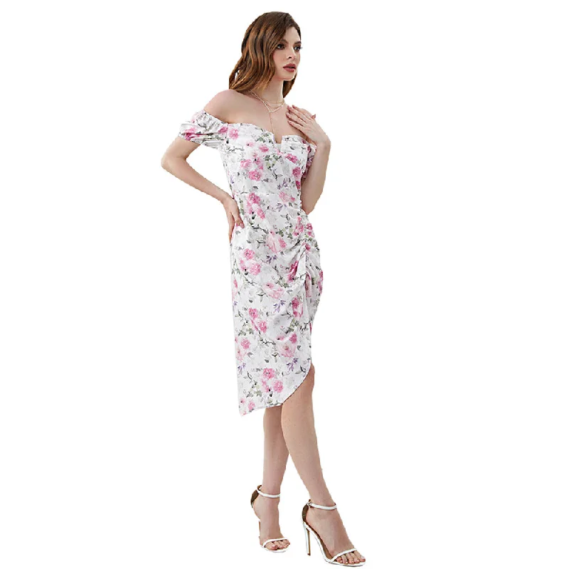 NiDELL JY-4065 Fashion . European and American Women's Clothing Summer New Floral Print off-Neck High Waist Slit Dress in Stock