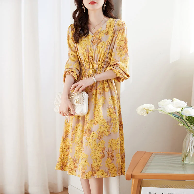 NiDELL Light Luxury . New Elegant Slim French Style Retro Waist-Controlled Slimming V-Neckline Women's Long Sleeve Floral Dress