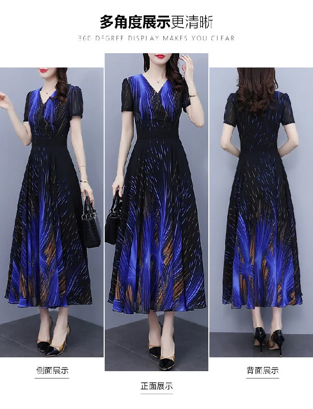 NiDELL Short Sleeve Chiffon Dress . Summer New V-neck Printed Temperament Slimming Large Hem Mid-Length Beach Dress