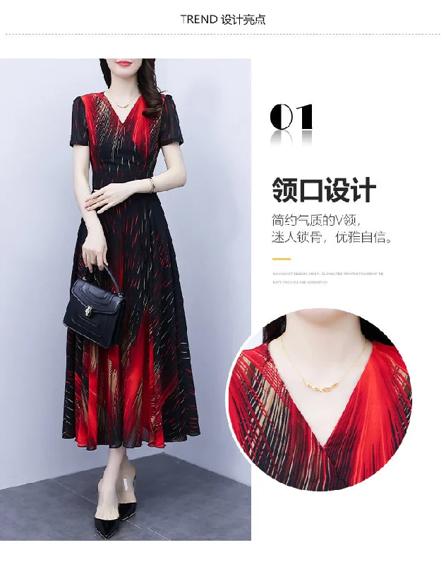 NiDELL Short Sleeve Chiffon Dress . Summer New V-neck Printed Temperament Slimming Large Hem Mid-Length Beach Dress