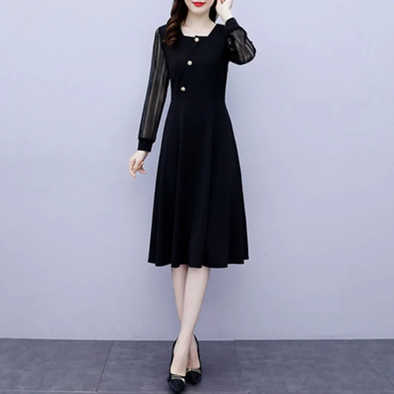 NiDELL Slimming Patchwork Dress for Women . New Spring and Autumn New Early Autumn Elegant Fashion Long Sleeve plus Size Mid-Length Dress